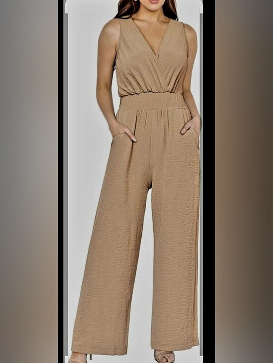 Simplee Apparel Pants - Simplee Apparel Sleeveless Wide-Leg V-Neck Jumpsuit in Taupe